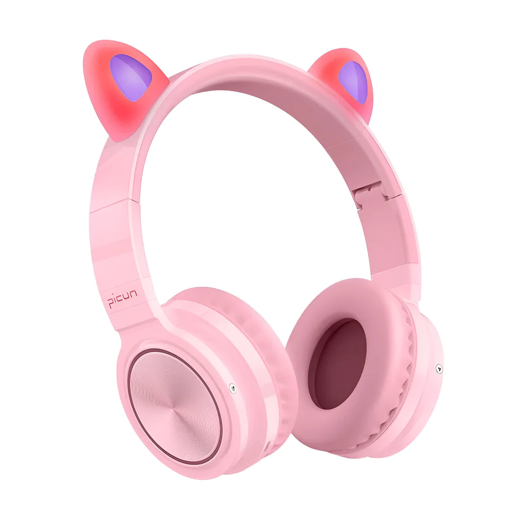 Pink white Luminous over-ear Bluetooth headset with braided wire and large ear cushions.