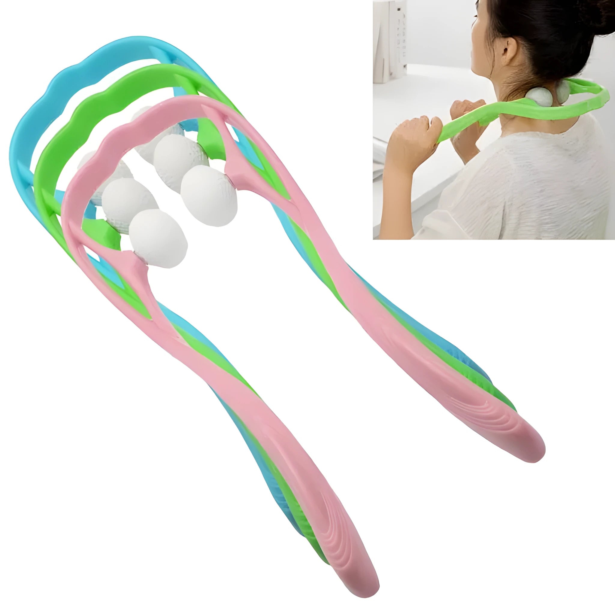 Blue plastic neck massager with hand roller and bracket for pressure point therapy on neck and shoulders