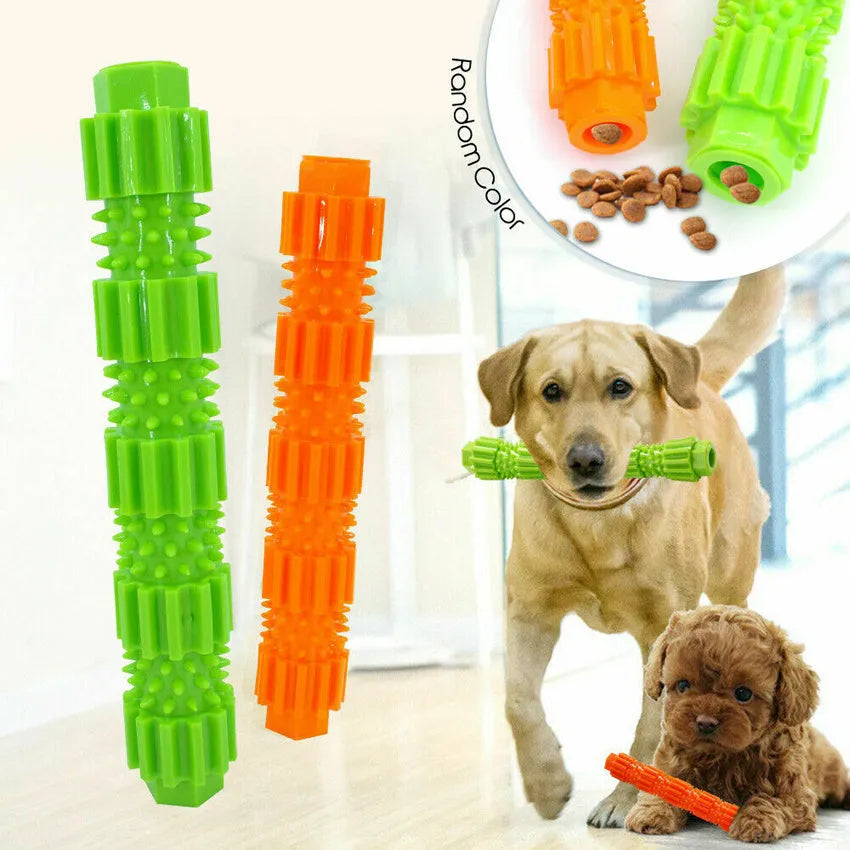 Green and orange rubber dog chew toy with treat dispensing opening and textured teeth cleaning surface