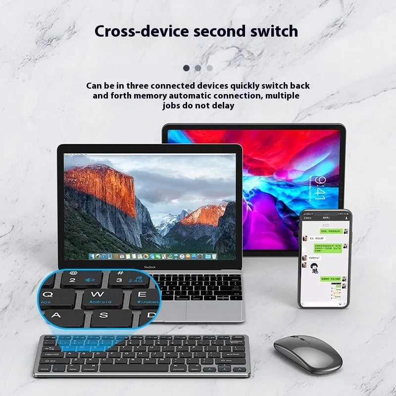 Ultra-thin black wireless keyboard and mouse set with receiver and cover on a desk