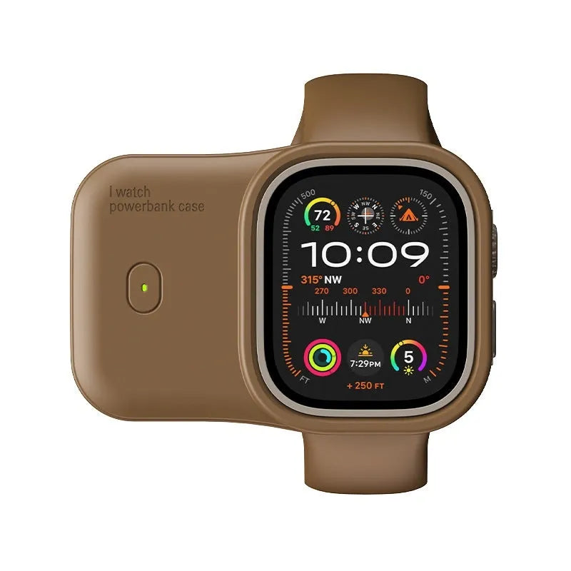 Portable wireless charging case for Apple Watch in brown, midnight blue, and starlight colours.