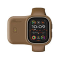 Portable wireless charging case for Apple Watch in brown, midnight blue, and starlight colours.
