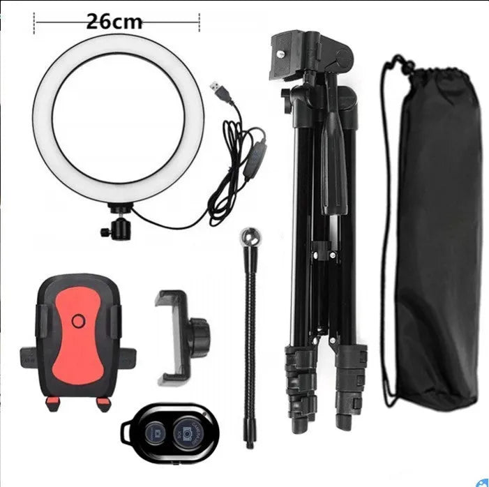 Adjustable phone stand extended to full height showing smartphone mounting and tripod compatibility