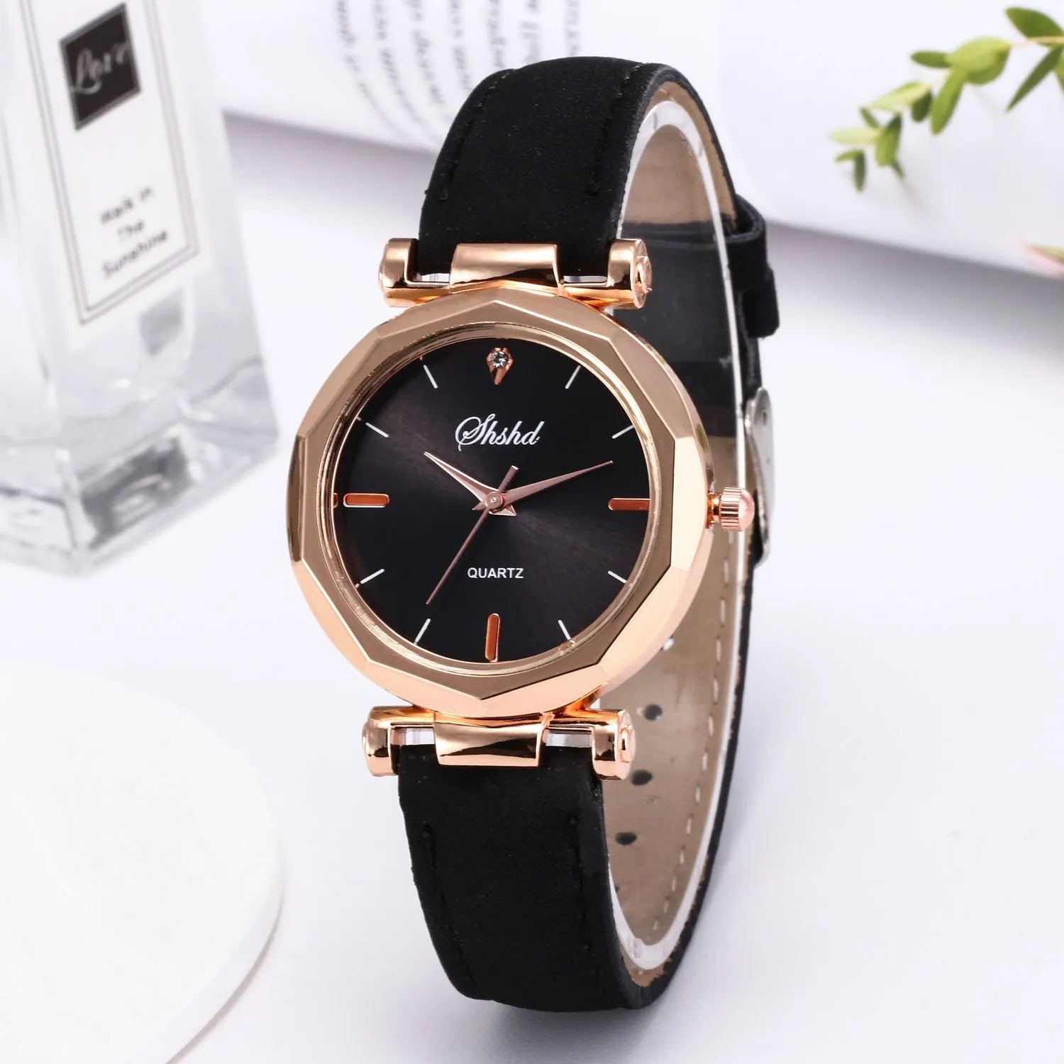 New ladies casual watch with round plastic case, PU strap, and pointer display in multiple colours