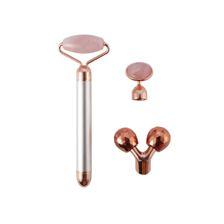 3-in-1 vibrating facial jade roller set with rose quartz heads in rose gold colour