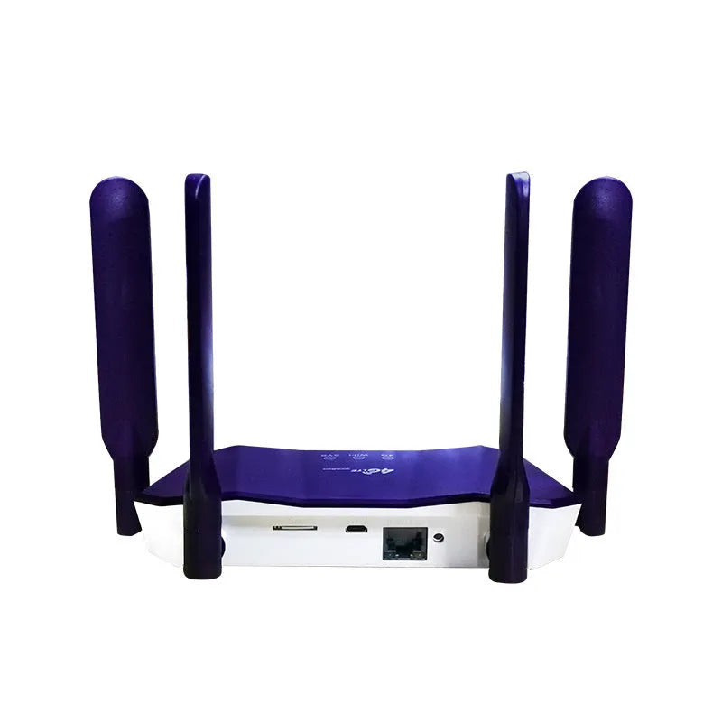 Blue 4G dual-mode router with four external antennas for wireless and wired internet connectivity