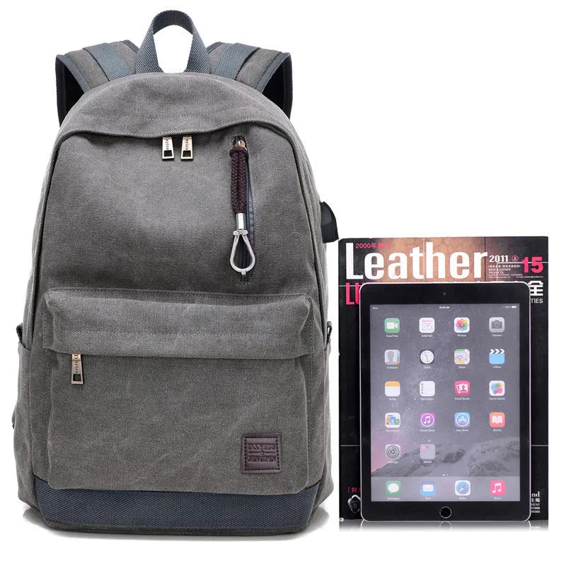 Canvas backpack with USB charging port and computer pocket in neutral colours