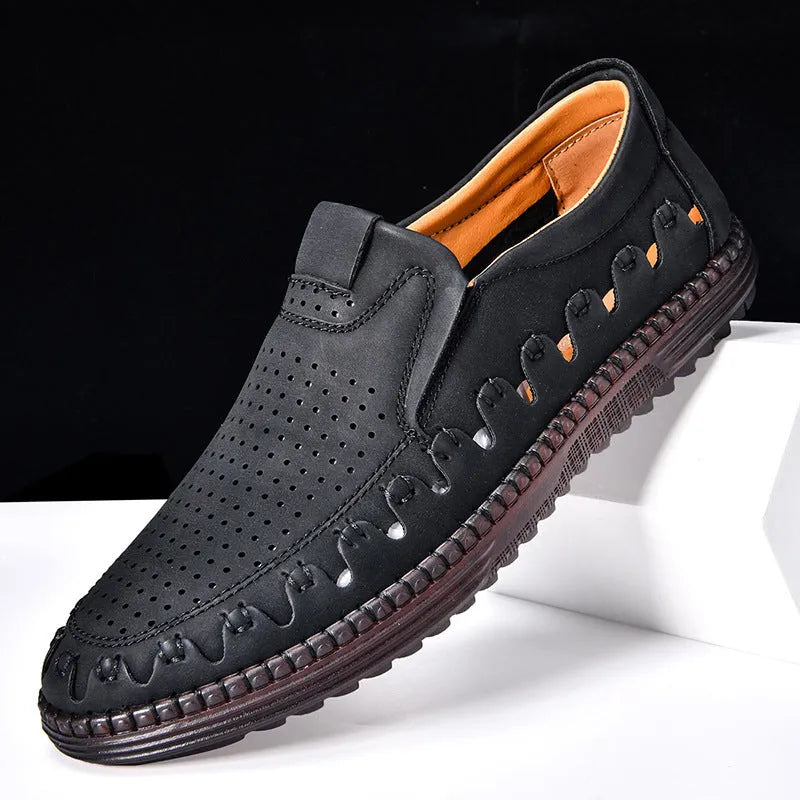 Men's brown casual slip-on shoes with round toe and flat PU leather upper.