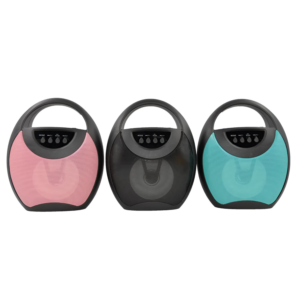 Portable Bluetooth speaker with plastic housing in black, blue, or pink colour options