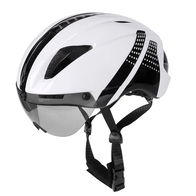 Magnetic goggles helmet for mountain or road bike, PC shell, 11 vents, silver-gray and yellow lenses, size L