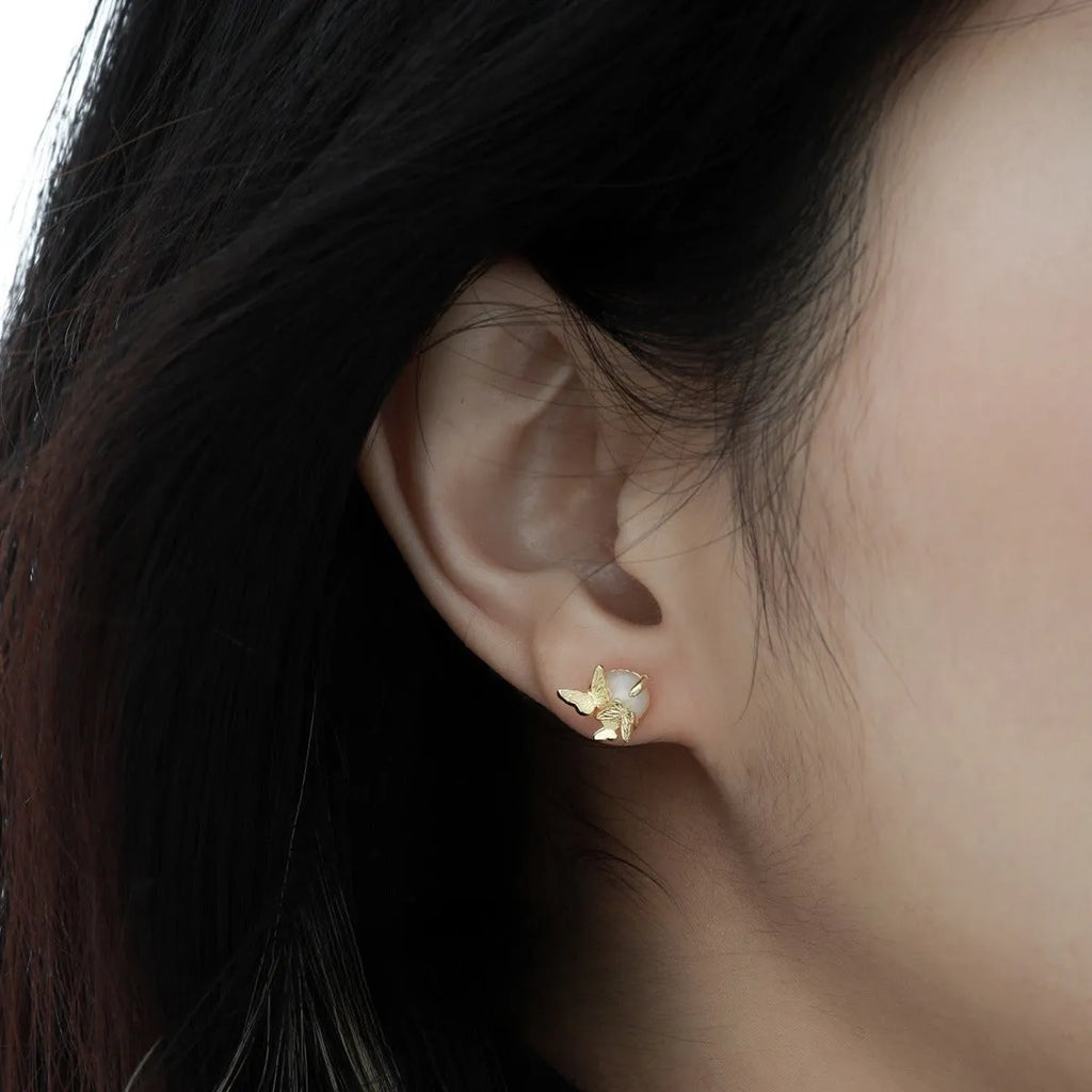 Women's 925 silver butterfly ear studs with electroplated gold or white gold colour finishes