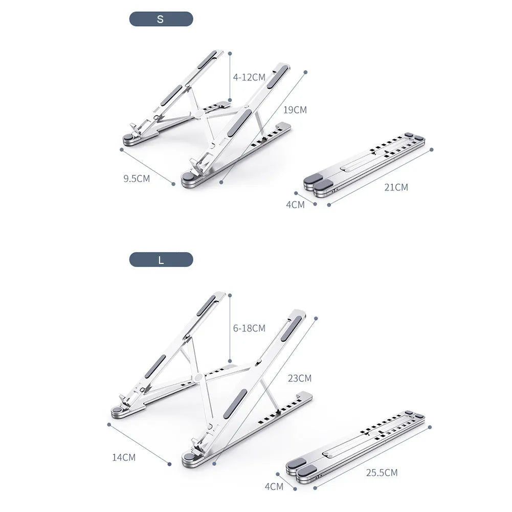 Foldable aluminum laptop stand in silver colour, shown both open in use and folded flat.
