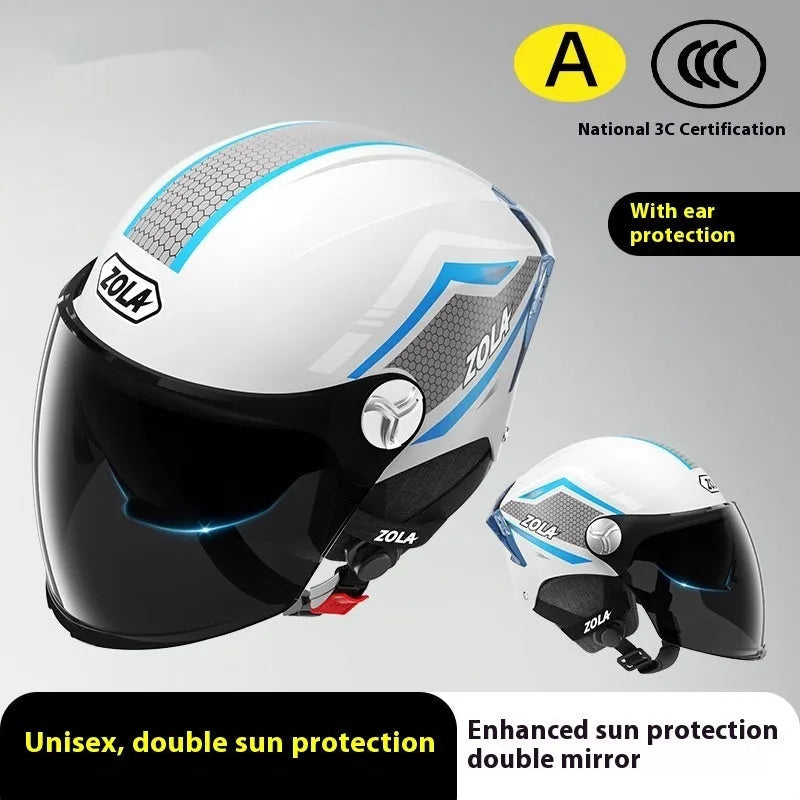 Motorcycle half helmet with double mirror visor in ABS construction, showing universal fit design