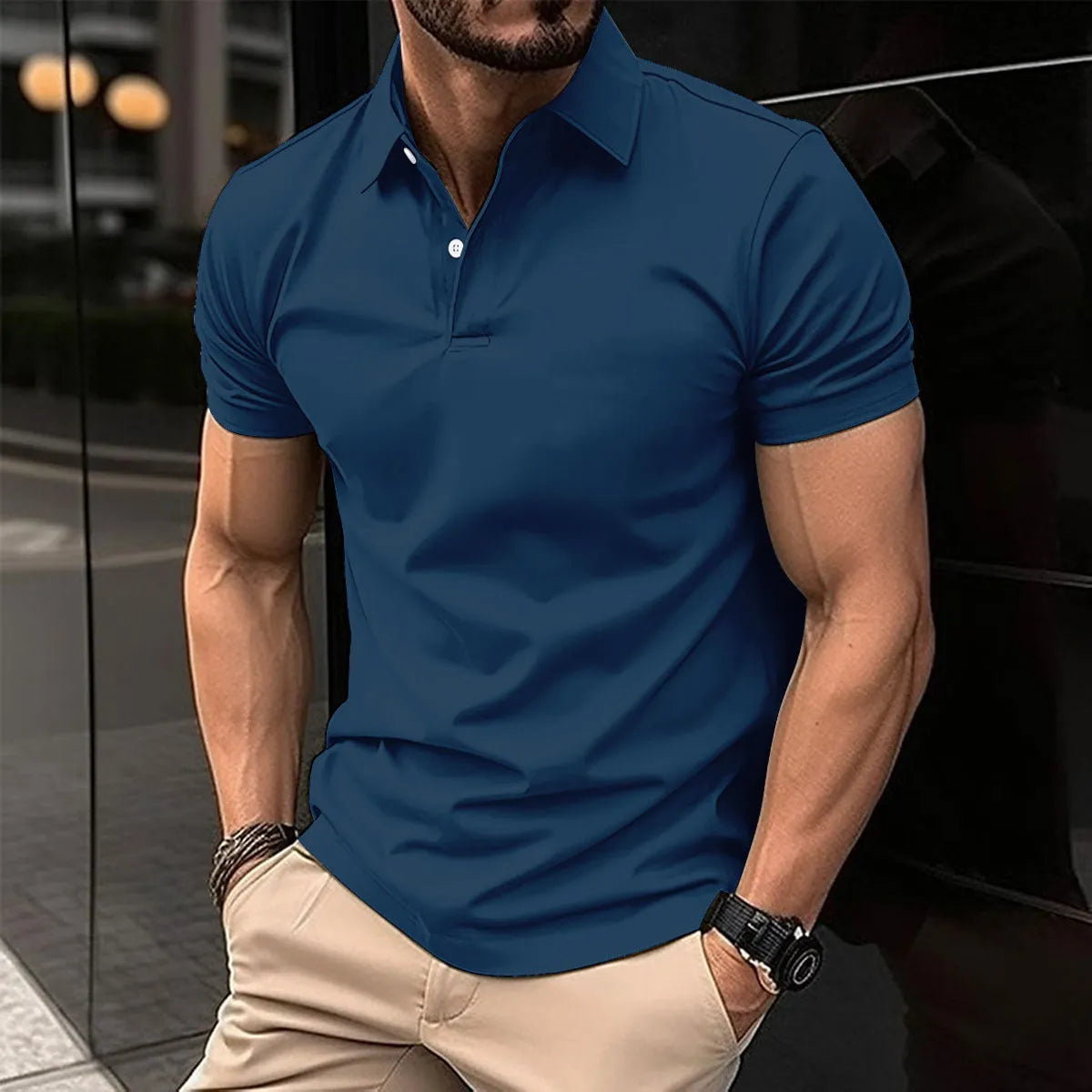 Men's solid colour short sleeve polo shirt with buttoned lapel collar on a hanger.