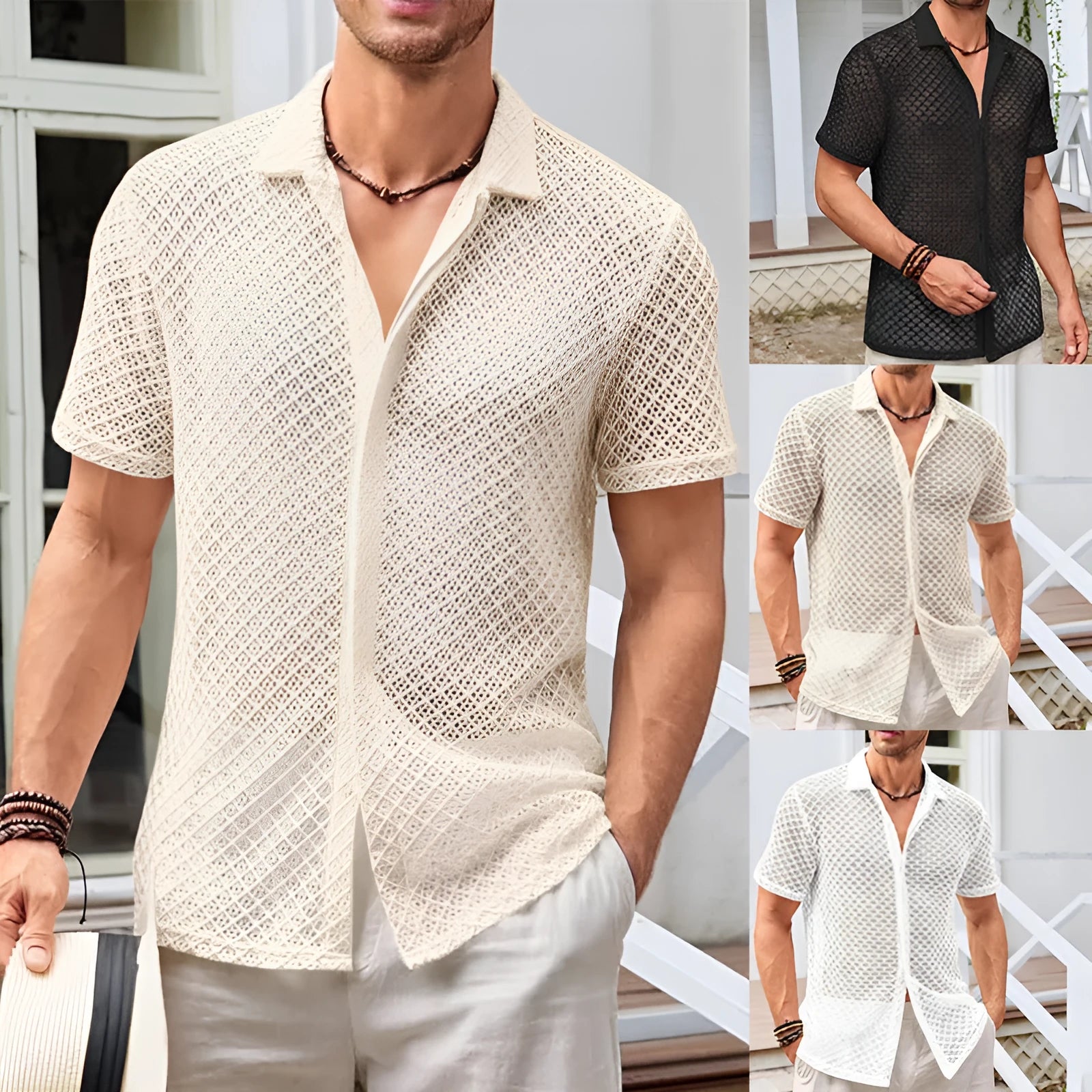 Men's cotton blend short sleeve summer shirt with lapel collar in beige colour