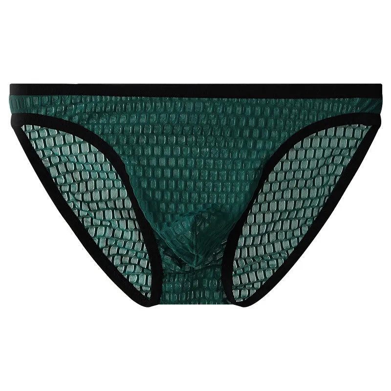 Men's low waist transparent lace underwear in multiple colours on a size chart background.