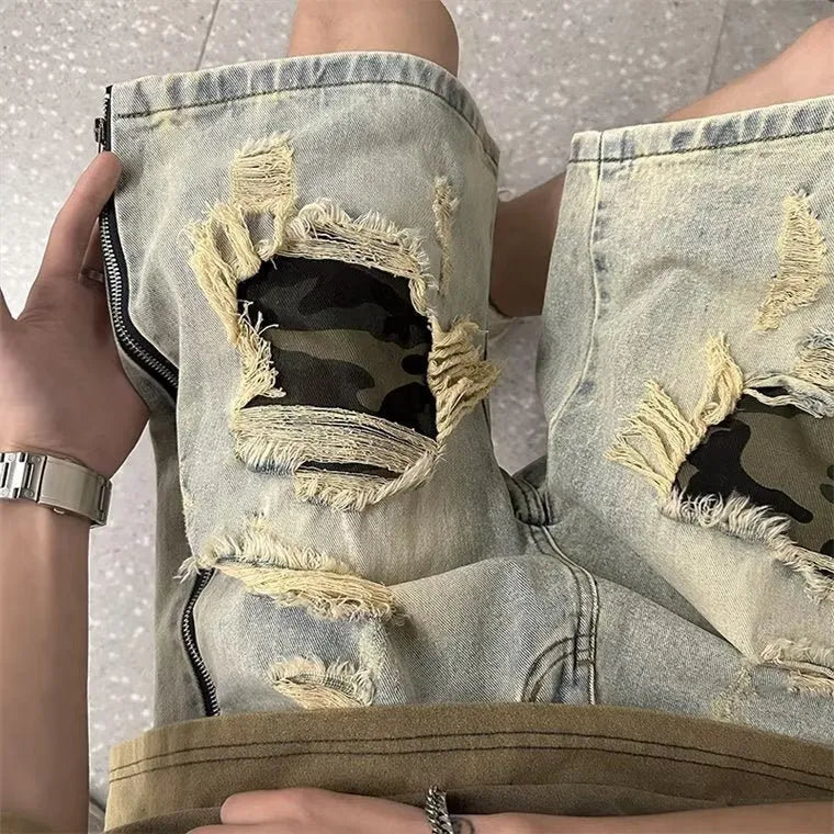 Men's yellow mud colour ripped camouflage denim shorts with straight leg Korean styling