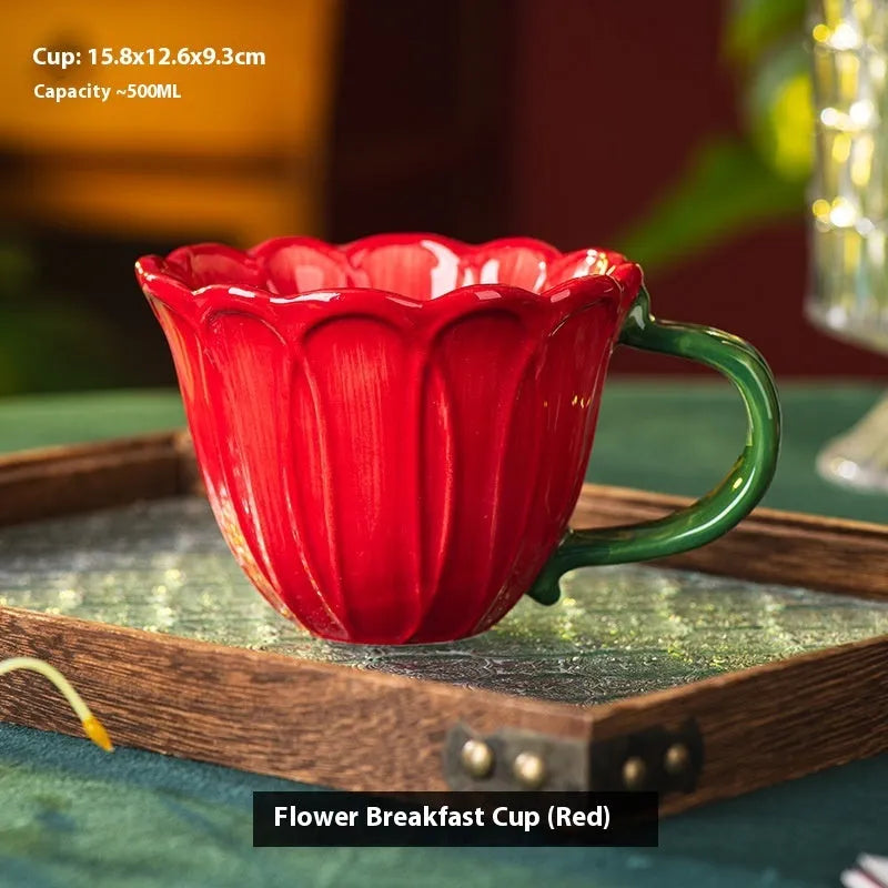 500ml ceramic breakfast cup with red floral pastoral pattern on white background.