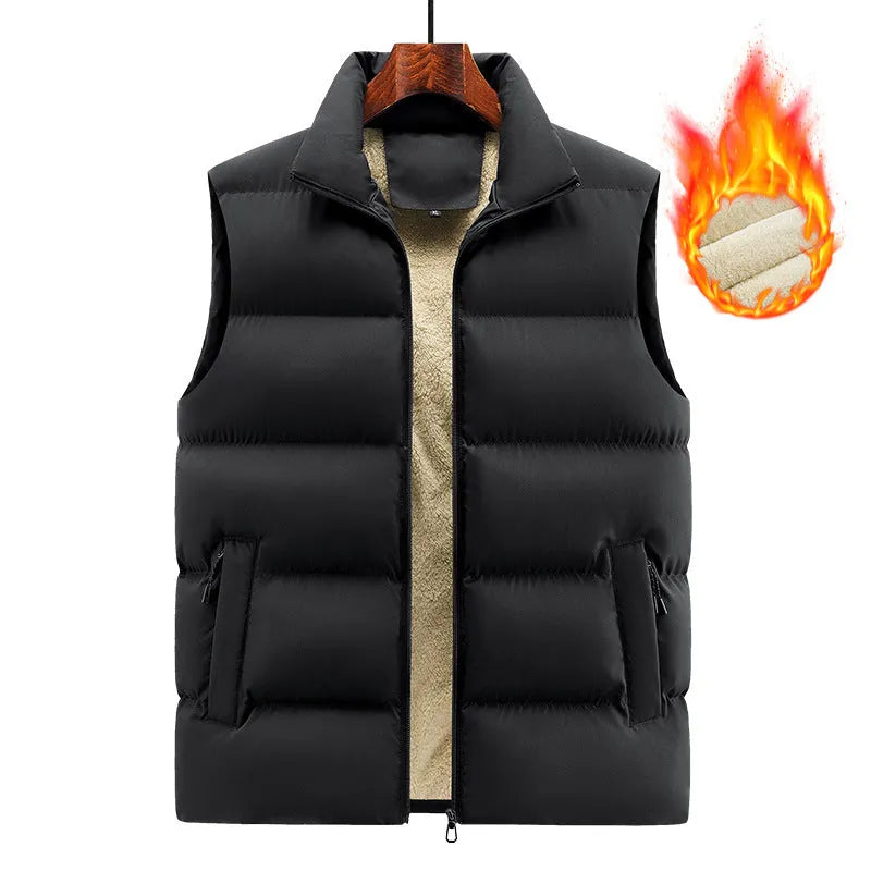 Men's striped lambswool vest in black, shown on a hanger, for autumn and winter wear