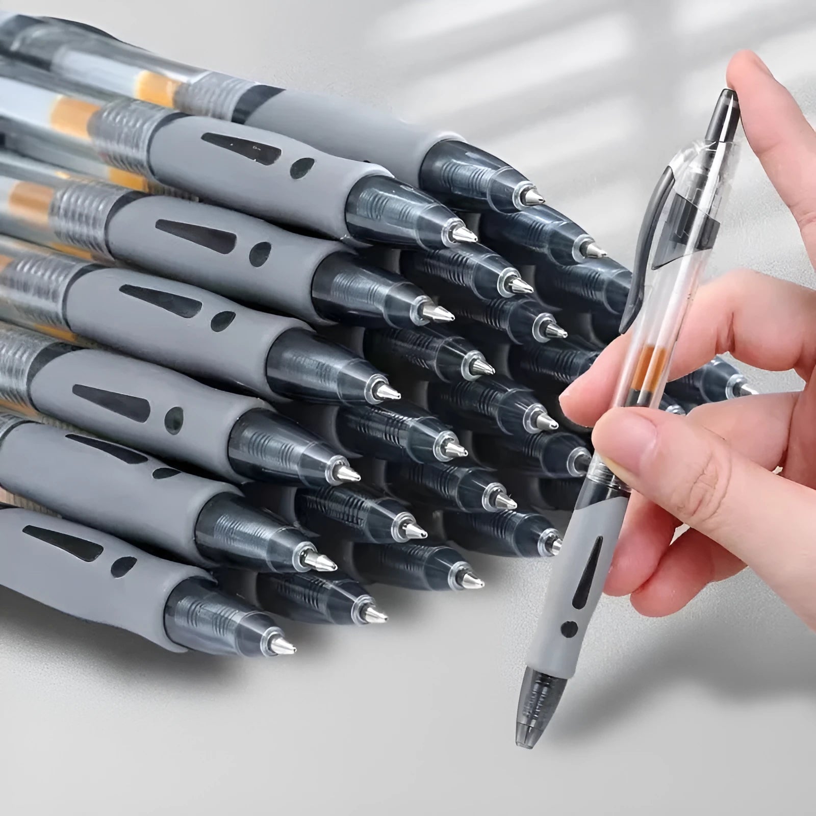 0.5mm gel pen in black, blue and red ink colour options with plastic construction
