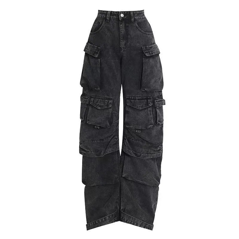 Women's blue tie-dyed high waist wide leg jeans with multiple pockets on a street style background.