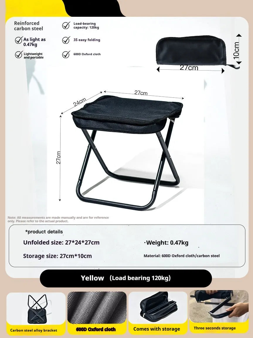 Foldable outdoor camp stool in oxford cloth shown in a khaki colour, folded compactly.