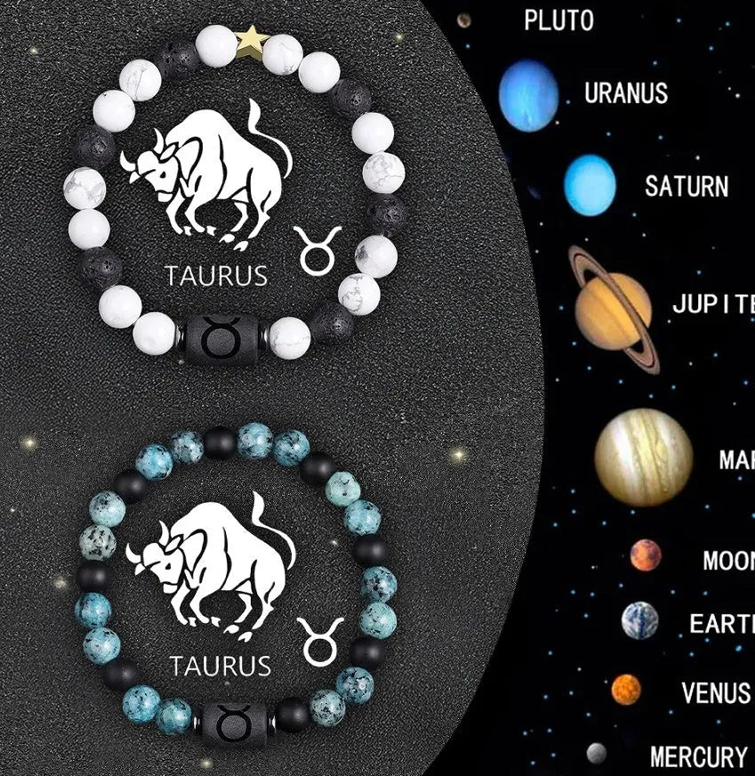 Natural stone beaded zodiac bracelets showing twelve different birth sign designs on elastic cords