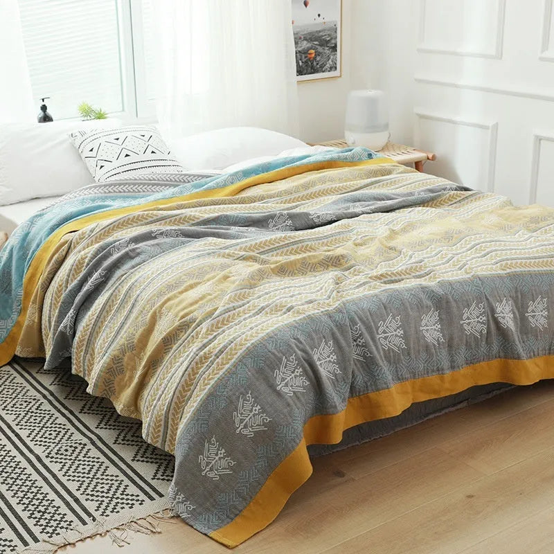 Pure cotton five-layer gauze bed sheet blanket with Roulette Wheel Blue pattern in modern simplicity style