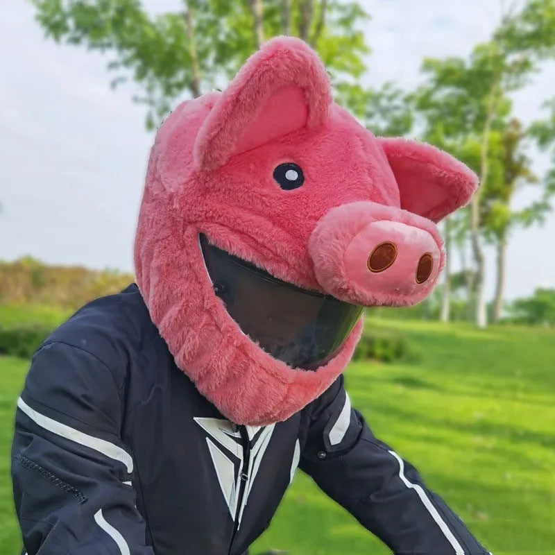 Cartoon design plush protective hood for motorcycle helmets in pink pig colour