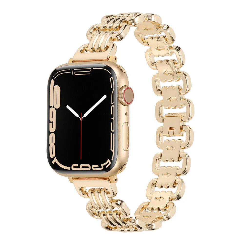 Alloy metal Apple Watch band in rose gold on a wrist, showing the connection to a watch case.