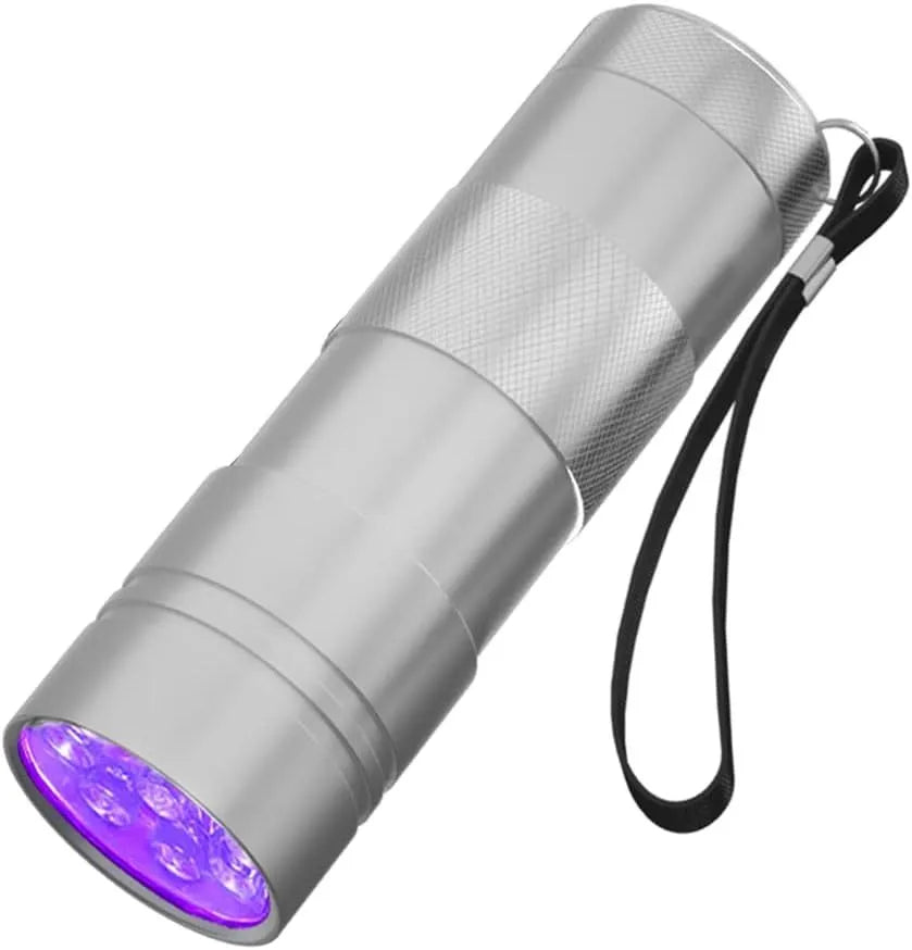 Black or silver aluminium UV flashlight for detecting pet stains and insects.