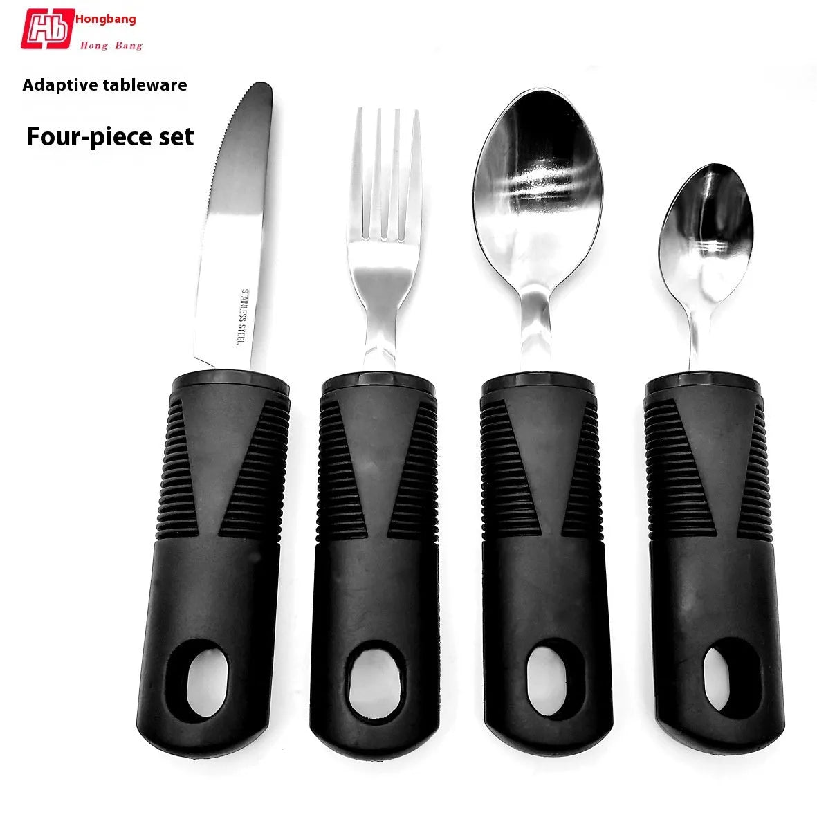 Adaptive cutlery set with stainless steel utensils and rubber grip handles for hand tremor assistance