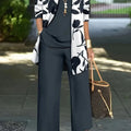Women's printed three-piece casual suit set in polyester, showing jacket, vest, and trousers.