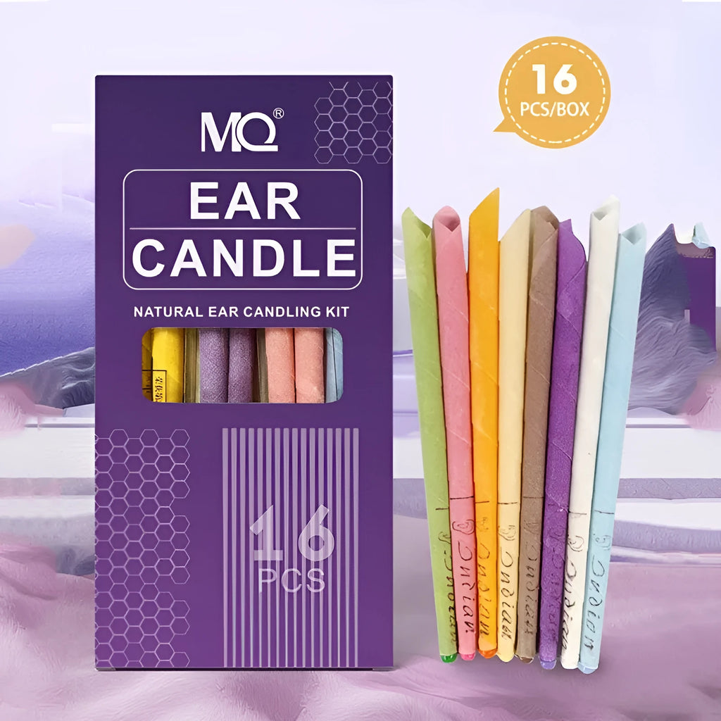 Ear candle therapy set showing cotton cloth candles, protection boards and cotton swabs in multiple colours