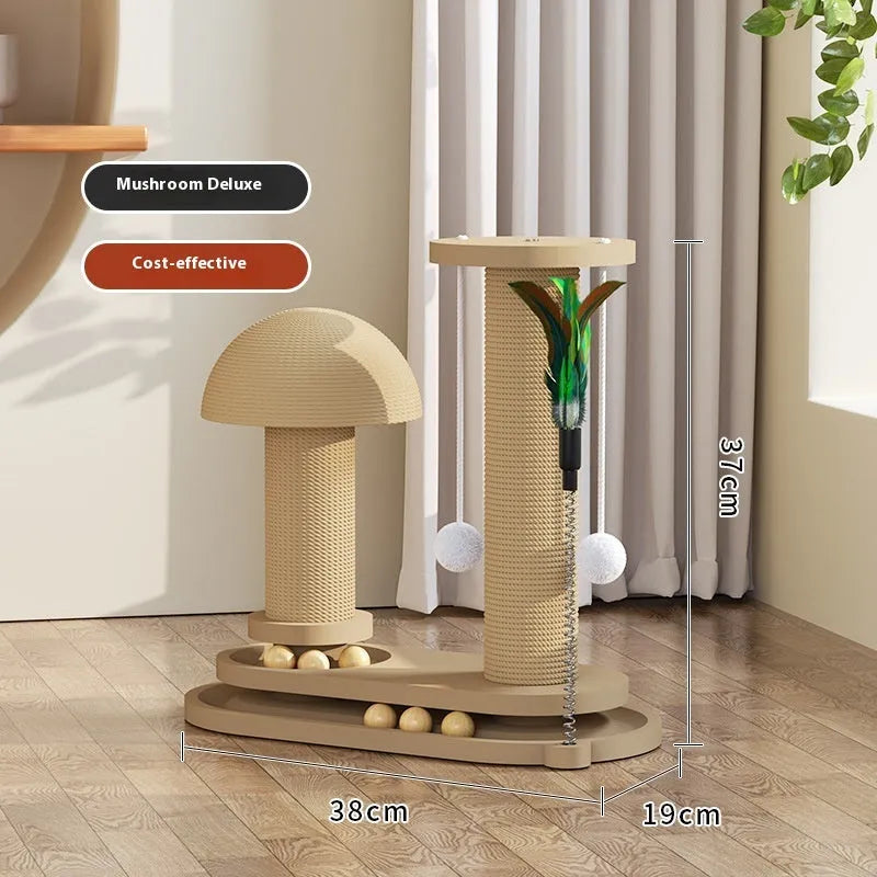 Solid wood cat scratching post with a central turntable, shown in a basic style big flower design