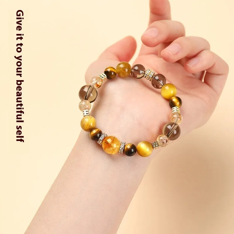 Natural tiger-eye crystal bracelet with yellow tower geometric beads in 10mm or 12mm sizes