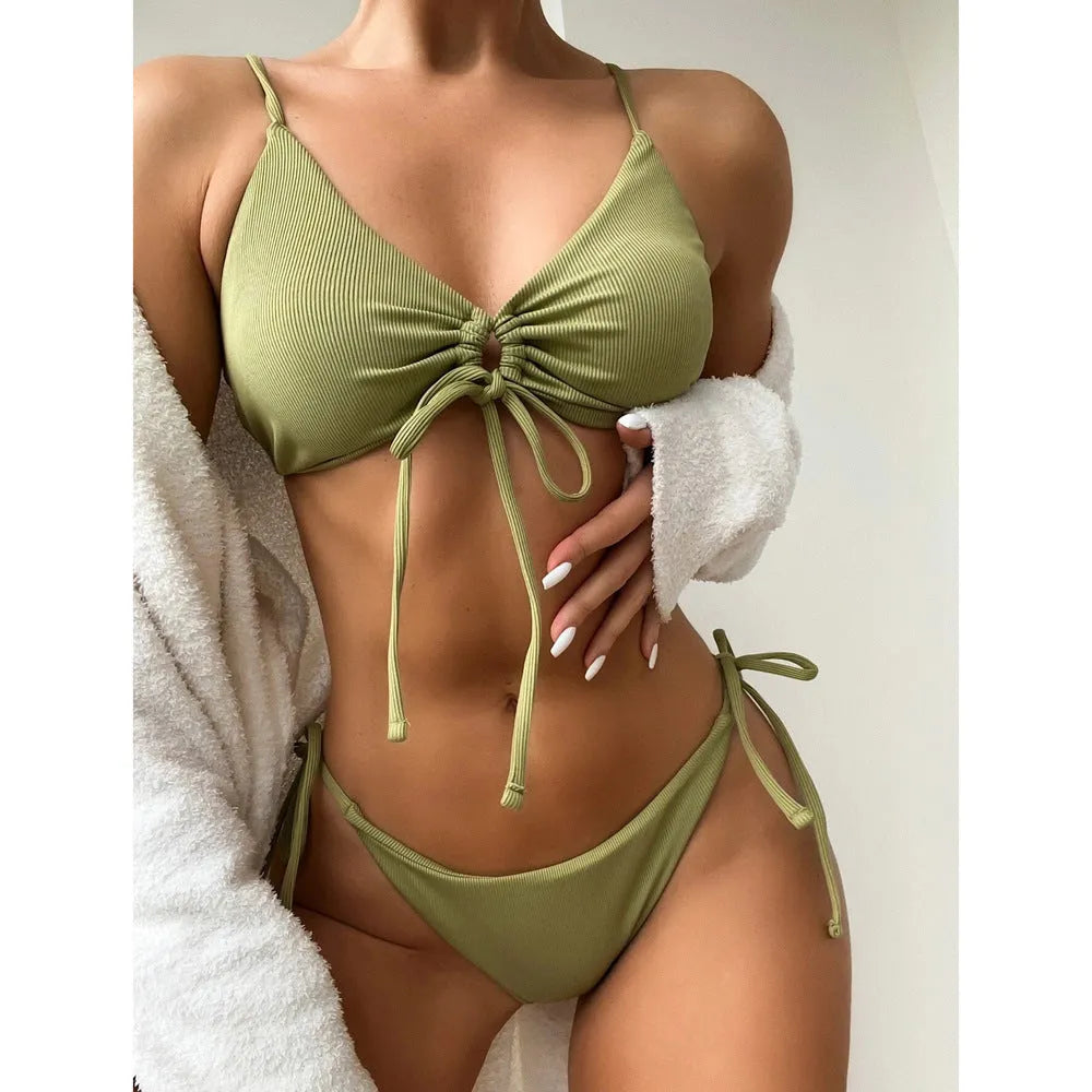 Women's solid colour drawstring bikini swimsuit in briefs style, shown in Army Green