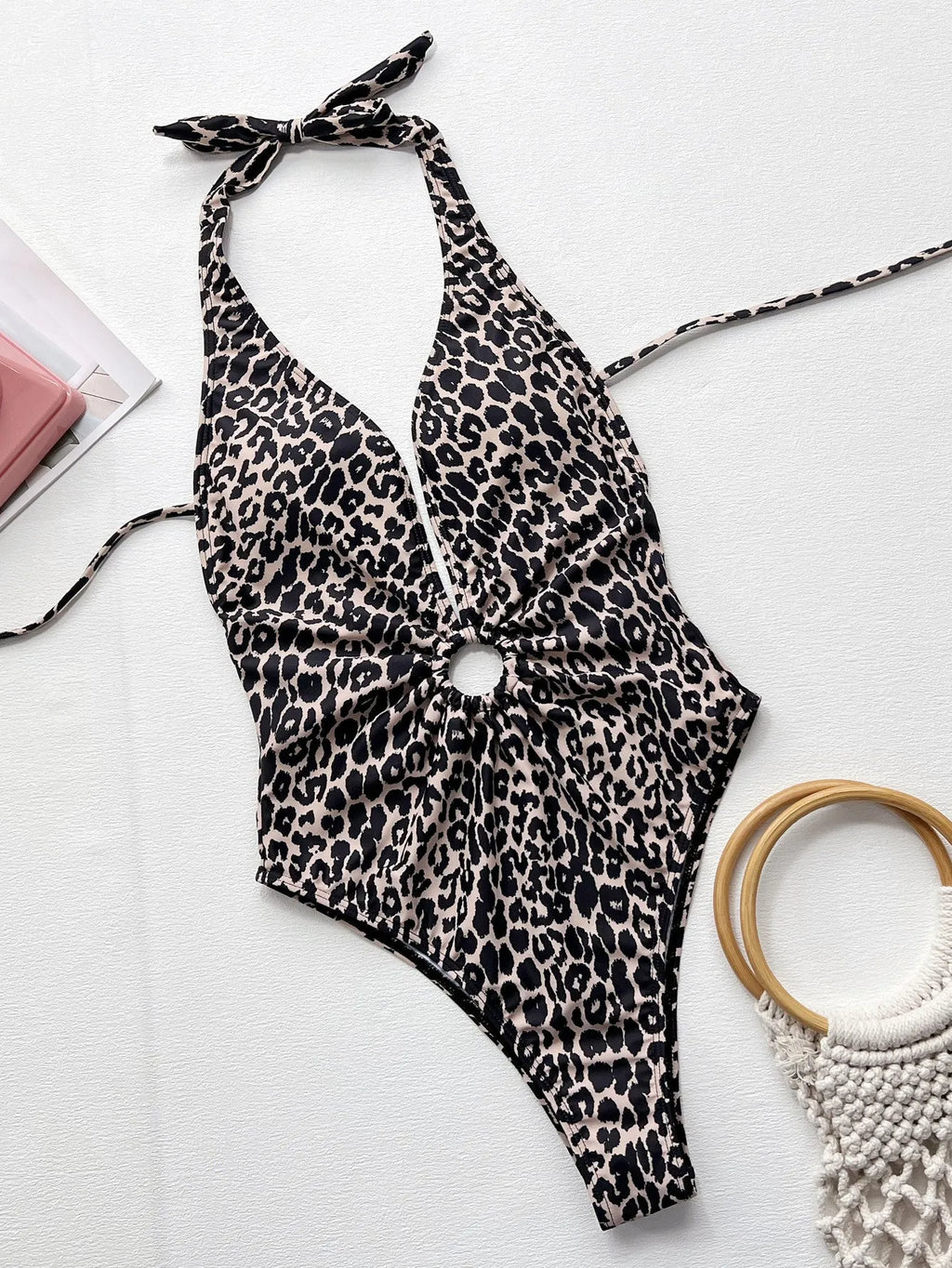 Women's leopard print one-piece swimsuit with hollow-out ring design details