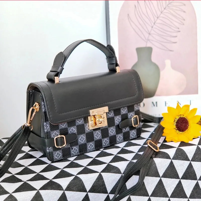 PU leather retro square pattern crossbody bag with floral decoration and file organisation compartment