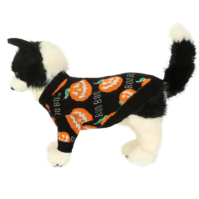 Black dog sweater with orange Halloween pumpkin pattern, shown in multiple sizes