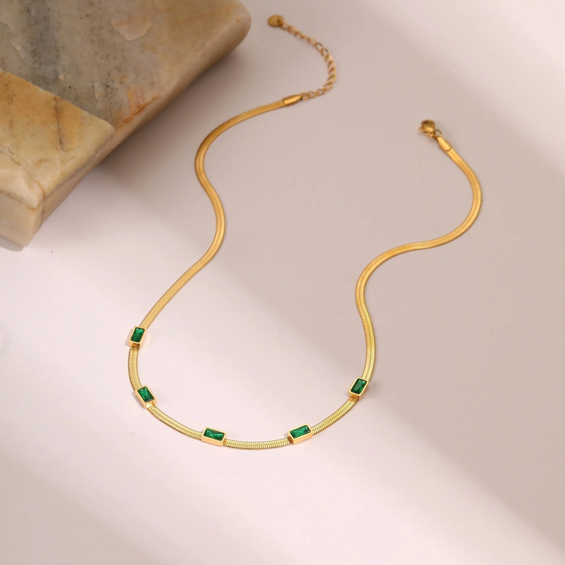 Geometric square zircon necklace on stainless steel chain with 18K gold plating
