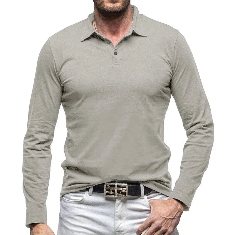 Men's dark grey long sleeve cotton t-shirt with a polo collar, American retro style, laid flat.