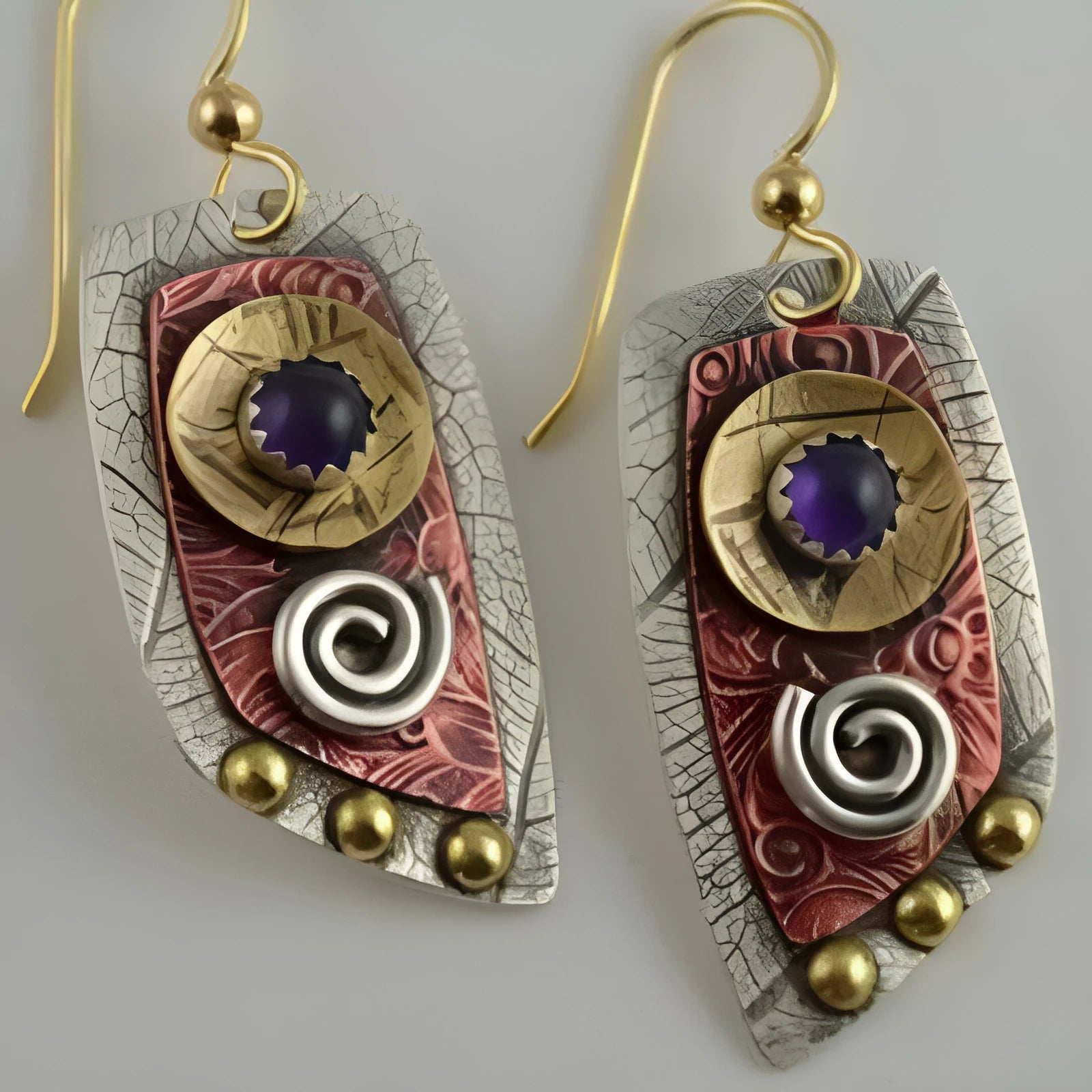 Gold zinc alloy geometric earrings with camouflage leopard print pattern, irregular shape ear studs