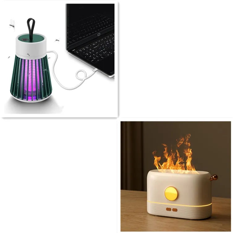 Black USB flame humidifier with 200ml water tank on wooden desktop with mist and simulated flame effect