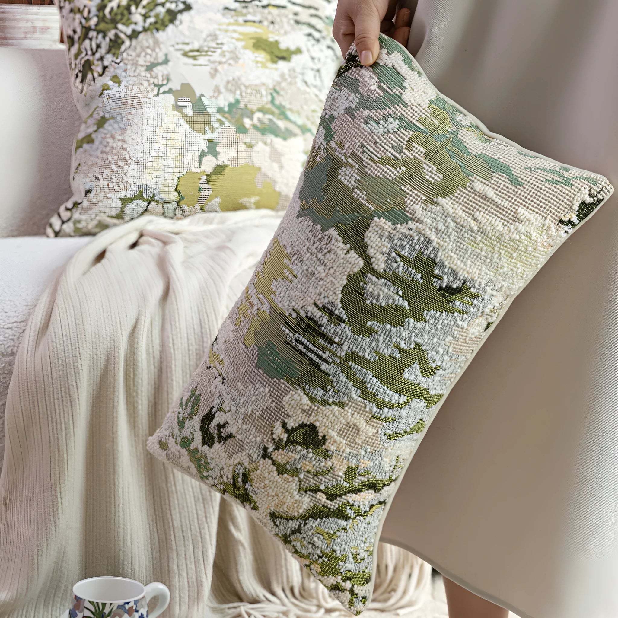 Antique green wool blend cushion with abstract spring flowers pattern, shown in square and lumbar sizes.