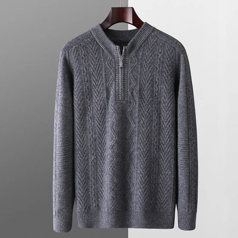 Men's pure wool diamond pattern half zip sweater in camel colour with lattice knit texture