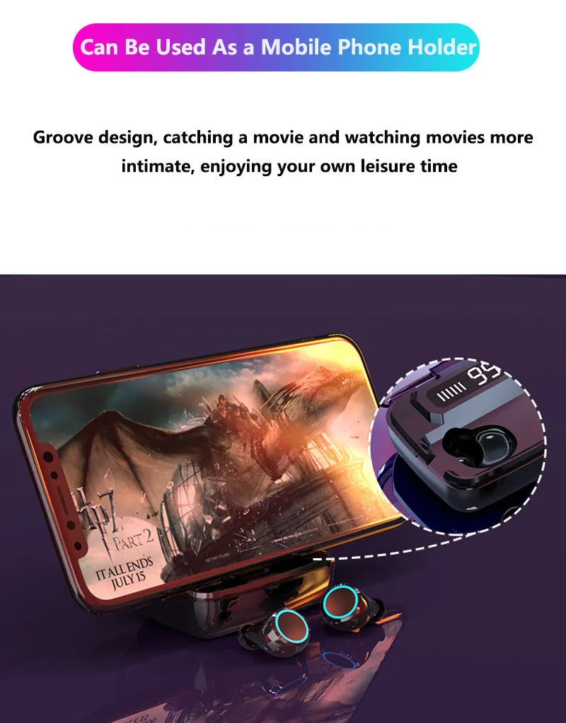 Black M11 style Bluetooth wireless headset with digital power display showing battery level