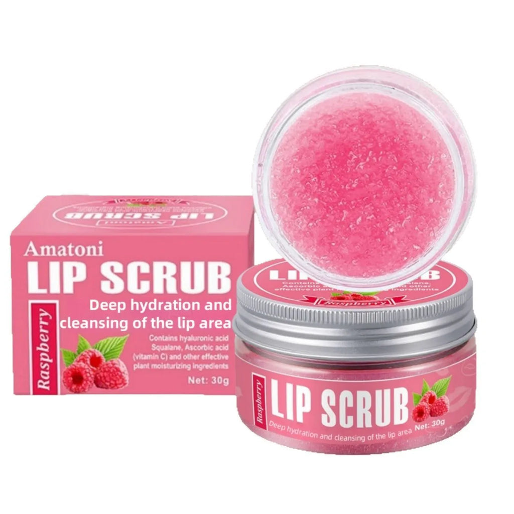 Amatoni lip scrub cream pot in coconut, raspberry, vanilla, or watermelon flavour, 30g.