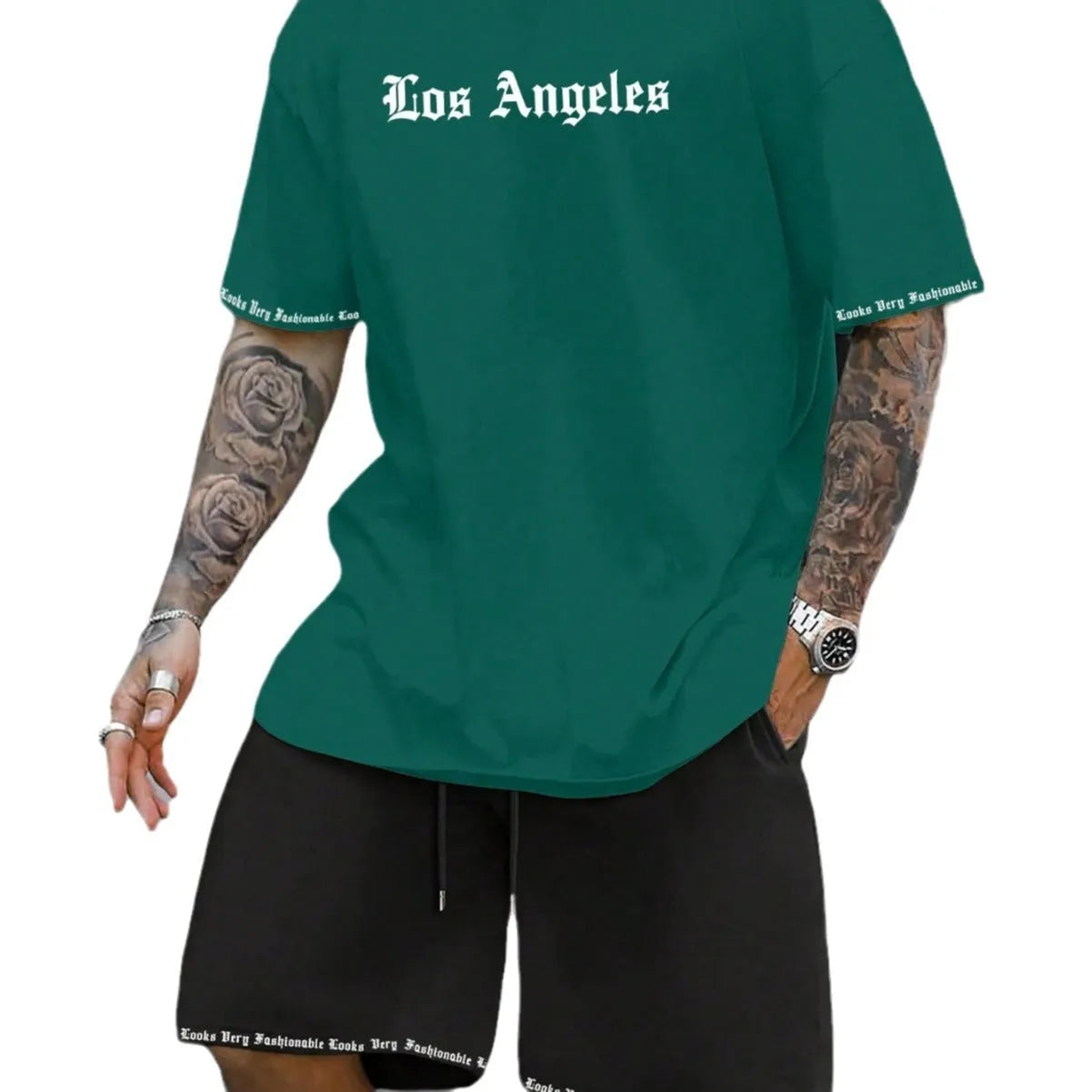 Men's printed polyester blend short sleeve top and matching shorts casual sports set