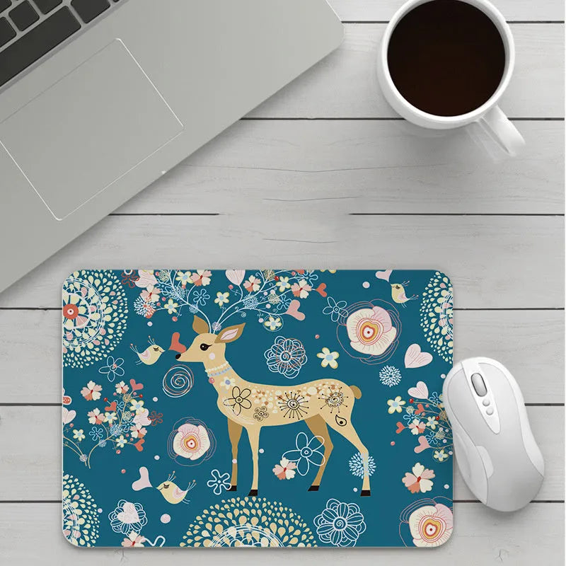 Custom cartoon mouse pad with thickening, showing example artwork on non-slip rubber and cloth base.